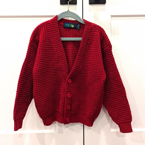 Vintage Other - VINTAGE kids red waffle knit v-neck cardigan sweater